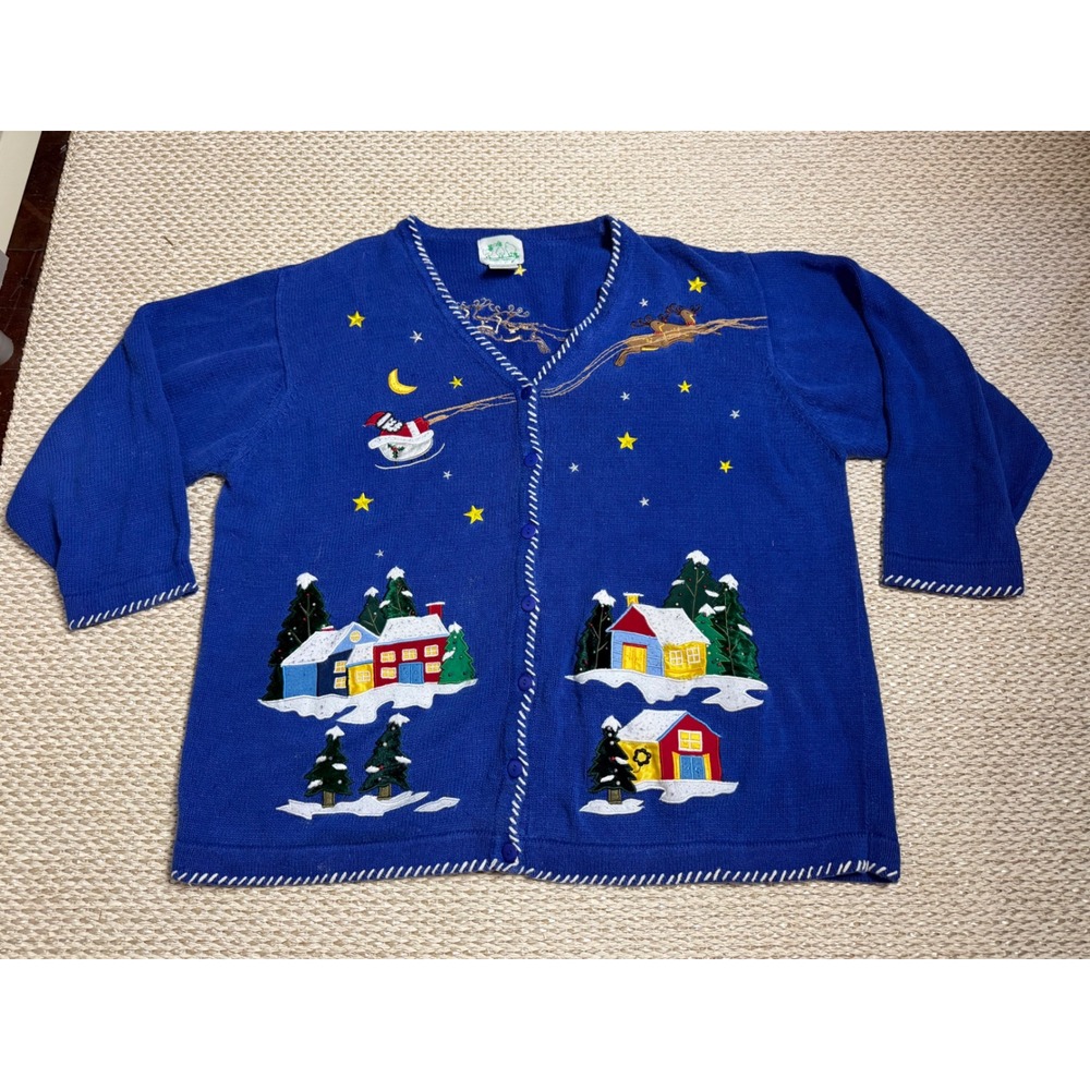Quacker Factory Christmas Cardigan Blue Embroidered Santa Village 3X Cottagecore
